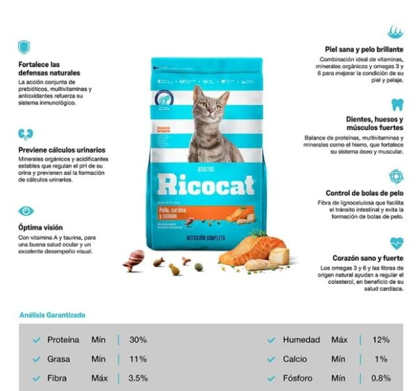 Croquetas RICOCAT sabor a carne, salmón y leche -ADULTO- 9Kg - Imagen 2