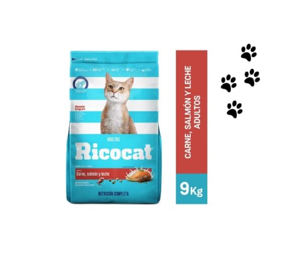 Croquetas RICOCAT sabor a carne, salmón y leche -ADULTO- 9Kg